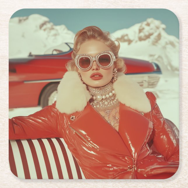 Glamourous Retro Winter Style in Alpine Setting Square Paper Coaster (Front)