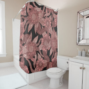 Glamourous Rose Gold Black Glitter Flowers Shower Curtain