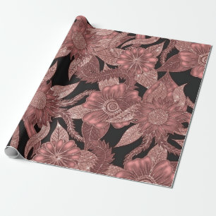 Glamourous Rose Gold Black Glitter Flowers Wrapping Paper