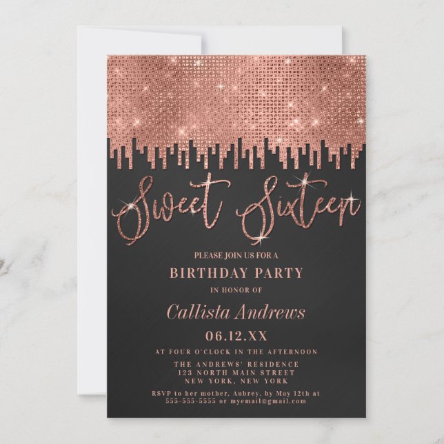 Glamourous Rose Gold Black Glitter Pixels Sweet 16 Invitation (Front)