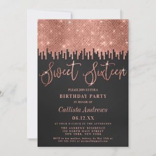 Glamourous Rose Gold Black Glitter Pixels Sweet 16 Invitation