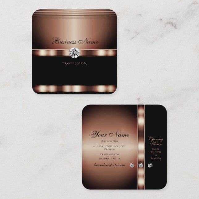 Glamourous Rose Gold Black with Faux Rhinestones Square Business Card (Front/Back)