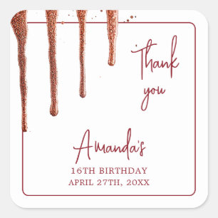 Glamourous Rose Gold Glitter Drip Sweet 16 Birthda Square Sticker