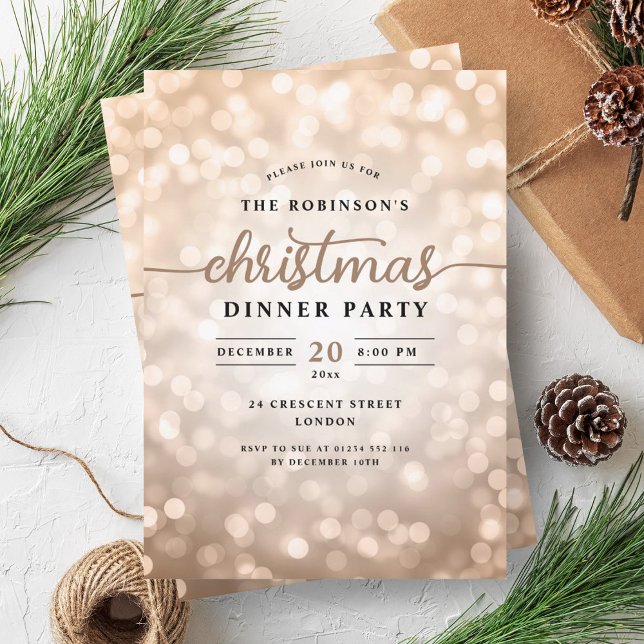 Glamourous Rose Gold Lights Christmas Dinner Party Invitation (Glamorous Rose Gold Lights Christmas Dinner Party Invitation)