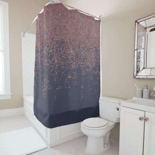 Glamourous Rose Gold Navy Blue Glitter Ombre Shower Curtain (In Situ)