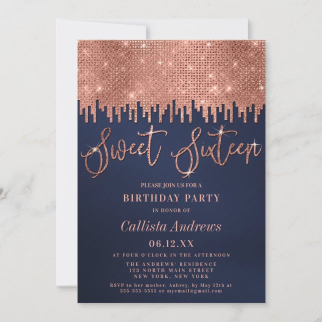 Glamourous Rose Gold Navy Glitter Pixels Sweet 16 Invitation (Front)