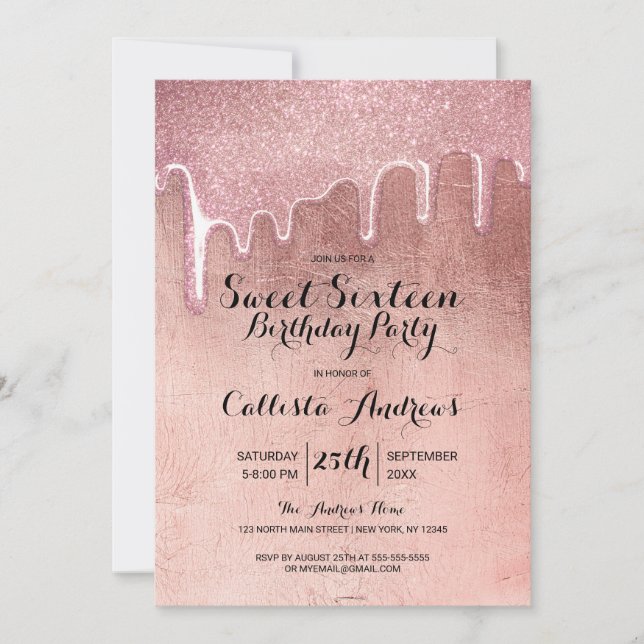 Glamourous Rose Gold Thick Glitter Drips Sweet 16 Invitation (Front)