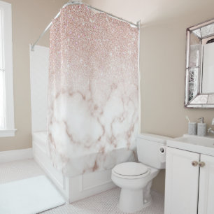 Glamourous Rose Gold White Glitter Marble Gradient Shower Curtain