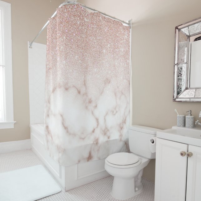 Glamourous Rose Gold White Glitter Marble Gradient Shower Curtain (In Situ)