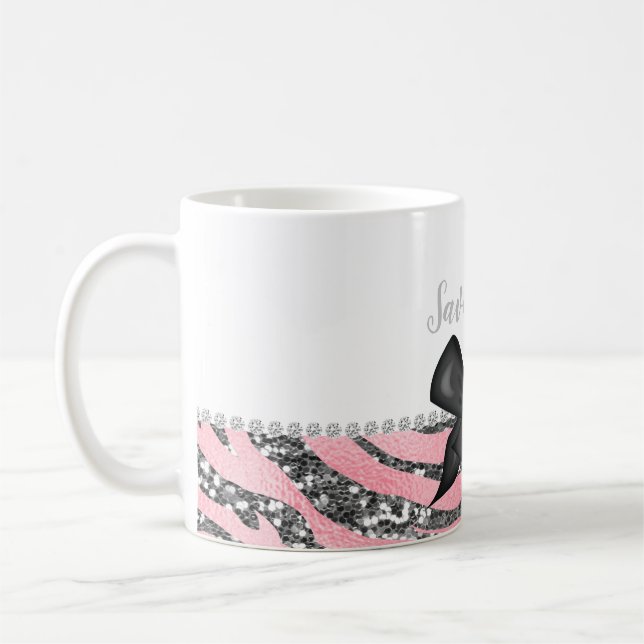 Glamourous Rose Pink Silver Glitter Monogram Coffee Mug (Left)