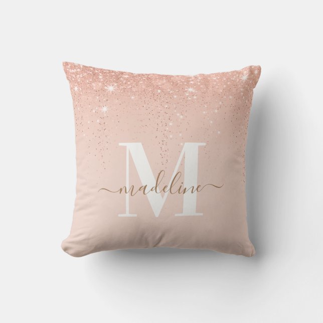 Glamourous Rosegold Glitter Elegant Script Monogra Cushion (Front)