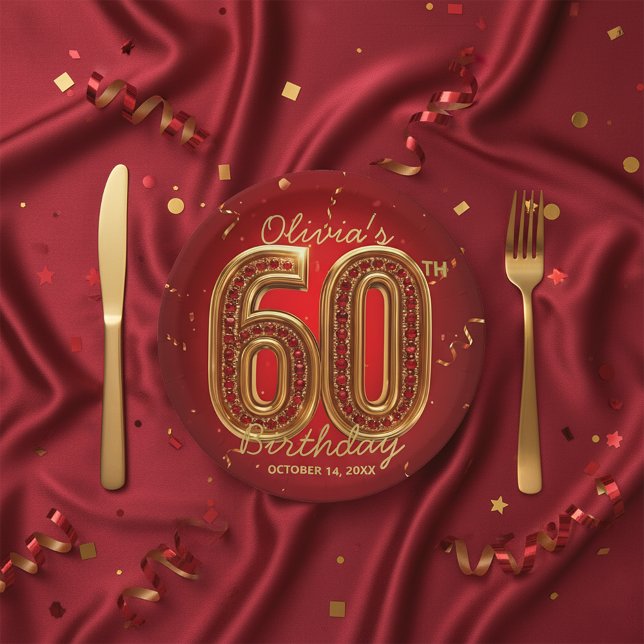 Glamourous Ruby Gemstone Gold 60th Birthday Party Paper Plate (Creator Uploaded)