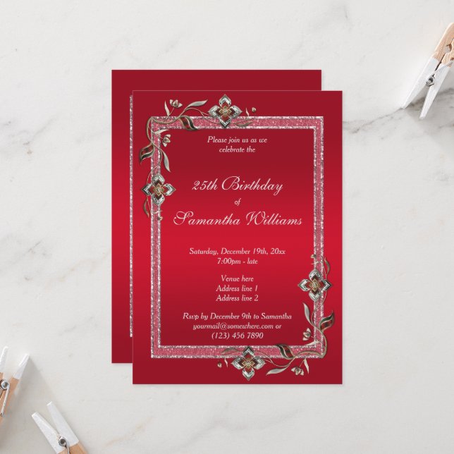 Glamourous Ruby Red Gems & Glitter Birthday Invitation (Front/Back In Situ)