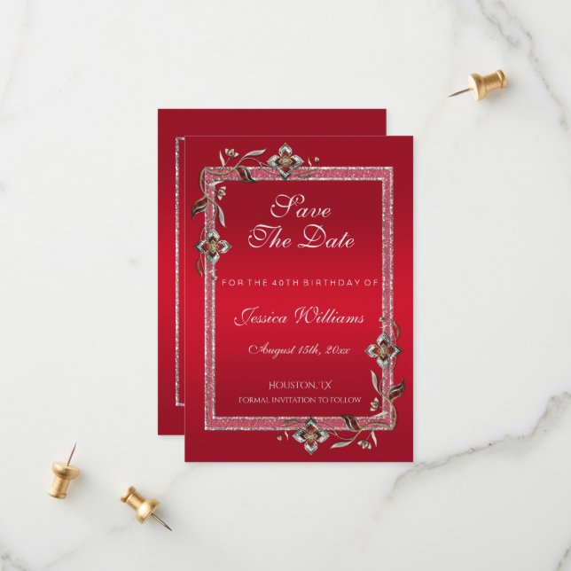 Glamourous Ruby Red Gems & Glitter Birthday Save The Date (Front/Back In Situ)