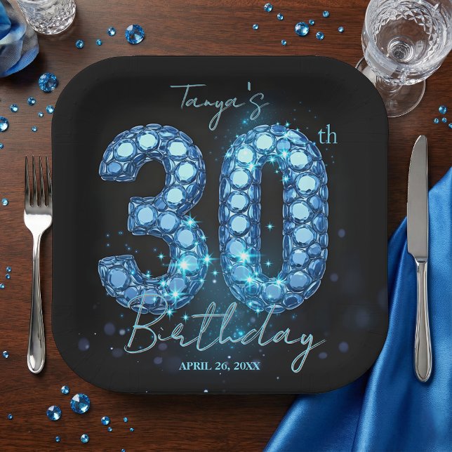 Glamourous Sapphire Blue Jewel Mosaic 30th Birthda Paper Plate (Creator Uploaded)