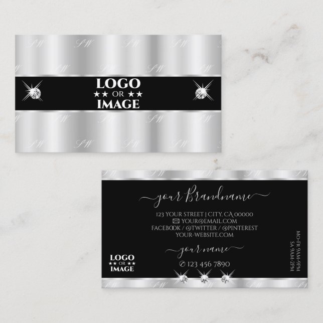 Glamourous Silver Black Sparkling Diamonds Add Log Business Card (Front/Back)