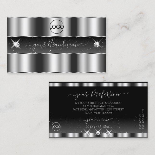 Glamourous Silver Black Sparkling Diamonds Add Log Business Card (Front/Back)