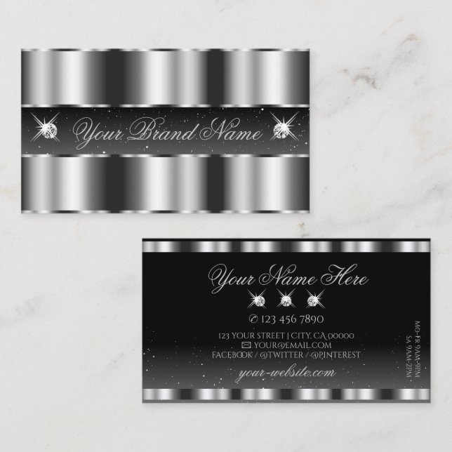 Glamourous Silver Black Sparkling Diamonds Stylish Business Card (Front/Back)