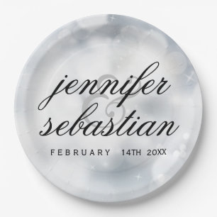 Glamourous Silver Bokeh Light monogram wedding Paper Plate