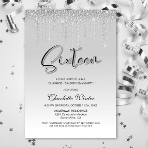 Glamourous Silver Diamonds Surprise 16th Birthday Invitation