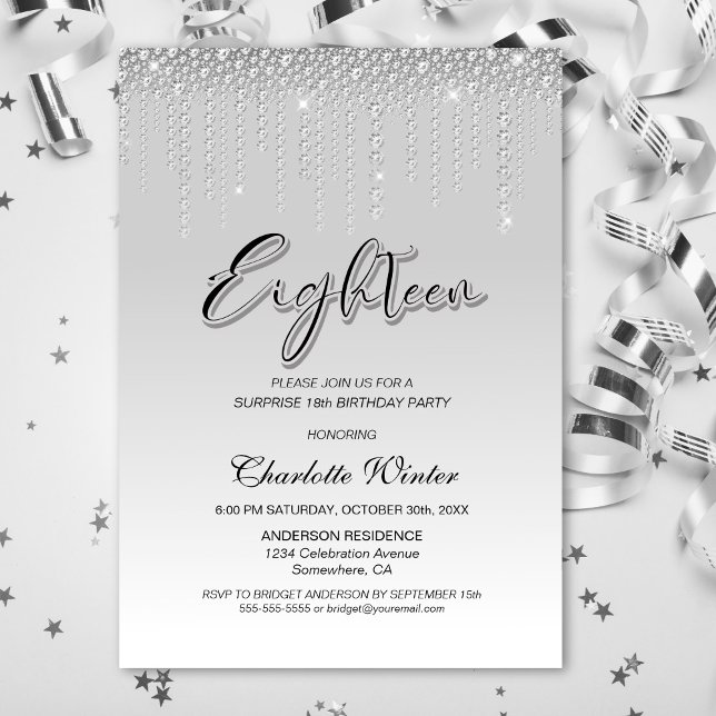 Glamourous Silver Diamonds Surprise 18th Birthday Invitation (Creator Uploaded)