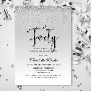 Glamourous Silver Diamonds Surprise 40th Birthday Invitation