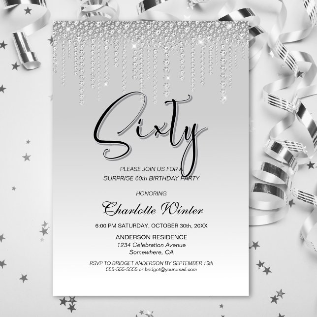 Glamourous Silver Diamonds Surprise 60th Birthday Invitation (Creator Uploaded)