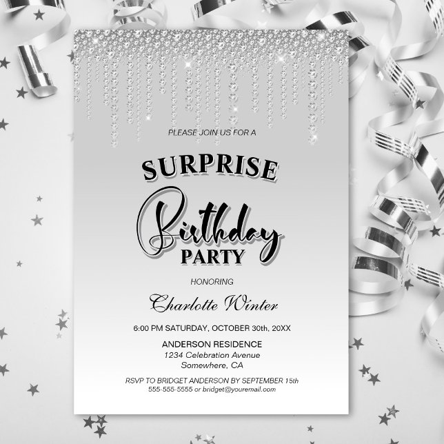 Glamourous Silver Diamonds Surprise Birthday Party Invitation (Creator Uploaded)