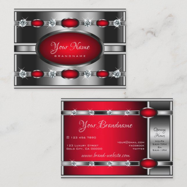 Glamourous Silver Effect Red and Faux Gemstones Business Card (Front/Back)