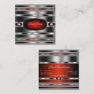Glamourous Silver Effect Red Marble with Diamonds Square Business Card