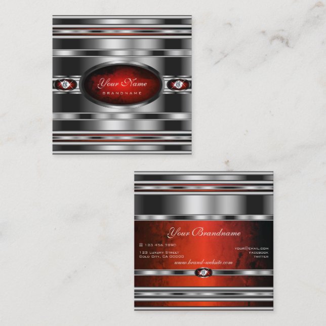 Glamourous Silver Effect Red Marble with Diamonds  Square Business Card (Front/Back)
