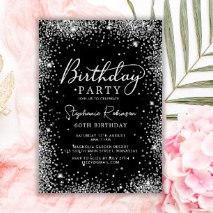 Glamourous Silver Glitter and Black 60th Birthday Invitation