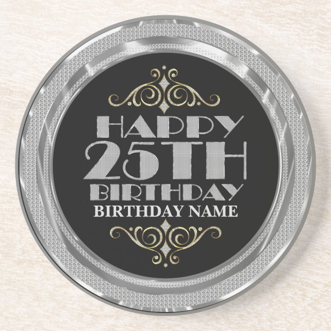 Glamourous Silver Glitter Happy 25th Birthday Coaster (Front)