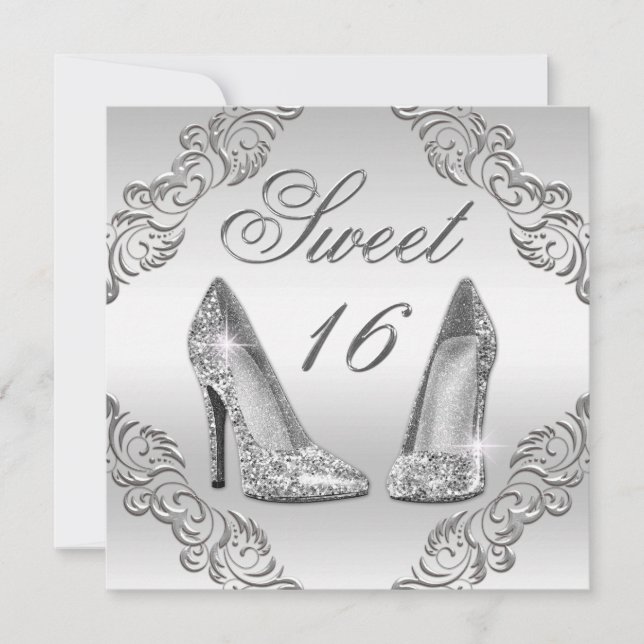 Glamourous Silver Glitter High Heels Sweet 16 Invitation (Front)