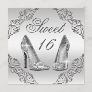 Glamourous Silver Glitter High Heels Sweet 16 Invitation