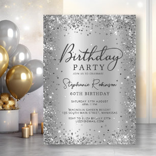 Glamourous Silver Glitter Metal Foil 60th Birthday Invitation