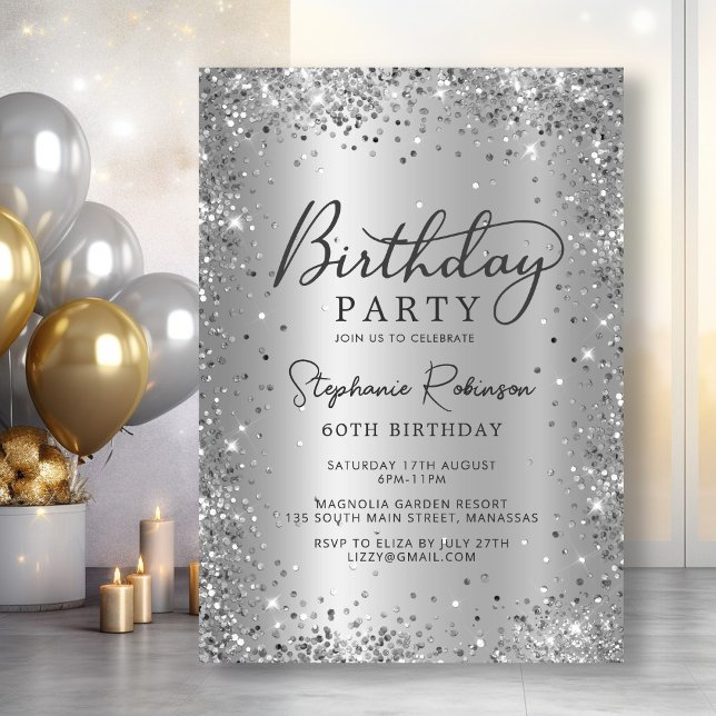 Glamourous Silver Glitter Metal Foil 60th Birthday Invitation (Creator Uploaded)