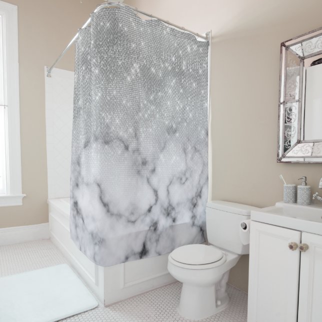 Glamourous Silver Glitter White Marble Ombre Shower Curtain (In Situ)