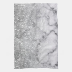 Glamourous Silver Glitter White Marble Ombre Tea Towel