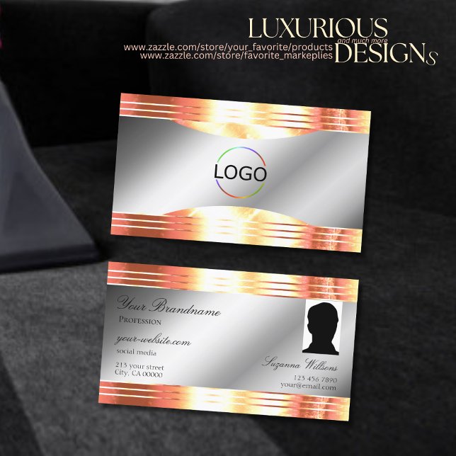 Glamourous Silver Shimmery Rose Gold Logo and Phot Business Card (Creator Uploaded)