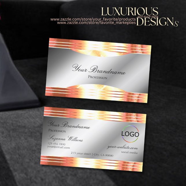 Glamourous Silver Shimmery Rose Gold with Logo Business Card (Creator Uploaded)