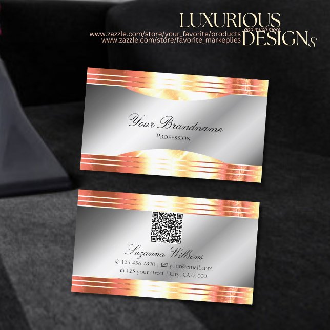 Glamourous Silver Shimmery Rose Gold with QR Code Business Card (Creator Uploaded)