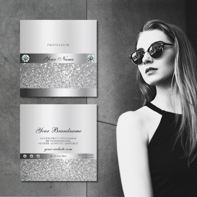 Glamourous Silver Sparkling Glitter Shimmery Jewel Square Business Card (Creator Uploaded)