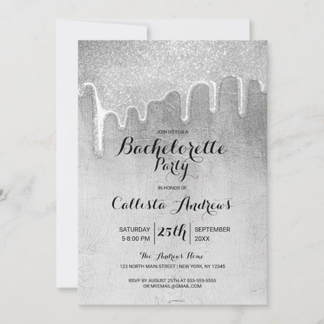 Glamourous Silver Thick Glitter Drips Bachelorette Invitation (Front)