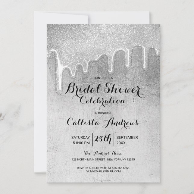 Glamourous Silver Thick Glitter Drips Bridal Showe Invitation (Front)
