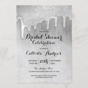 Glamourous Silver Thick Glitter Drips Bridal Showe Invitation