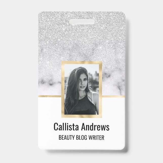 Glamourous Silver White Glitter Marble Gradient ID Badge (Front)