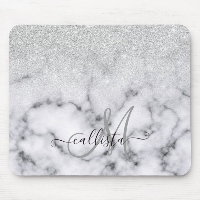 Glamourous Silver White Glitter Marble Gradient Mouse Pad (Front)