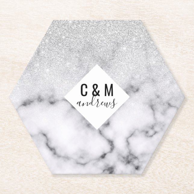 Glamourous Silver White Glitter Marble Gradient Paper Coaster (Front)