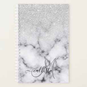 Glamourous Silver White Glitter Marble Gradient Planner